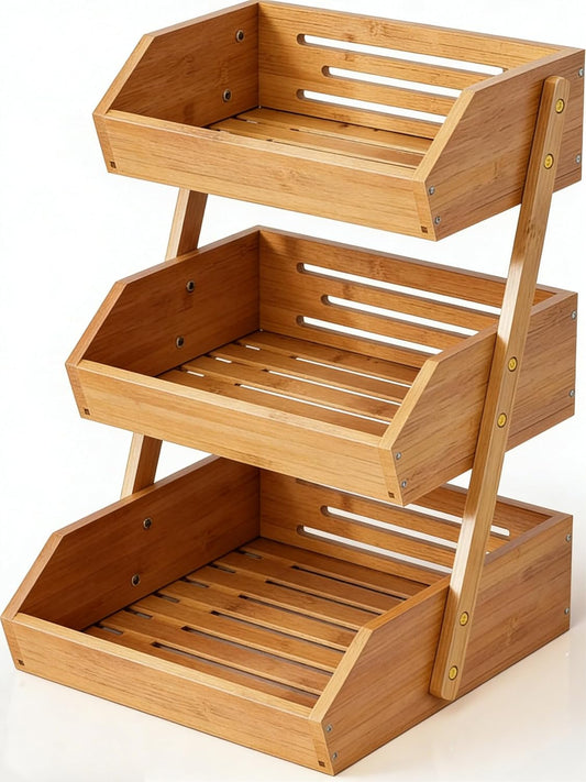 Simple Trending 3-Tier Natural Bamboo Fruit & Vegetable Basket Organizer, Ventilated Countertop Kitchen Storage with 2 Removable Banana Hooks, Sturdy for Fruits, Veggies, Snacks, Bread, Easy Assemble