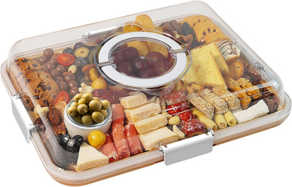 Renmxj Charcuterie Board with Clear Lid, Travel Portable Cheese Board Charcuterie Boxes Cutting Boards for Kitchen, House Warming Gifts New Home, Gifts for Women (6 Compartments Black)
