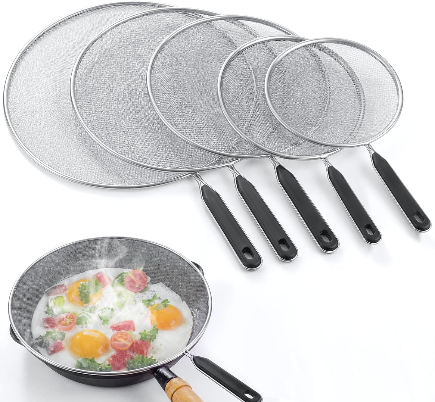 Gisafai 5 Pcs Splatter Guard Set for Frying Pan 13'' 11.5'' 10'' 8.3'' 7.5'' Metal Grease Oil Splatter Screen Fine Mesh Cover Stove Oil Guard with Comfort Grip Handle for Most Pan Pot Safe Cooking