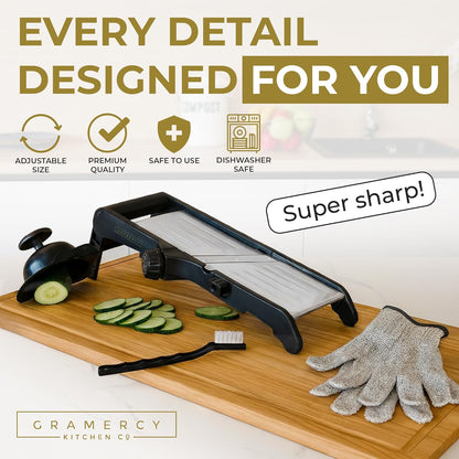 Gramercy Adjustable Mandoline Food Slicer, Mandoline Slicer for Kitchen, Mandolin, Potato, Tomato, Carrot, Vegetable, Fruit and Onion Cutter - Stainless Steel - INCLUDING 1 Pair Cut-Resistant Gloves
