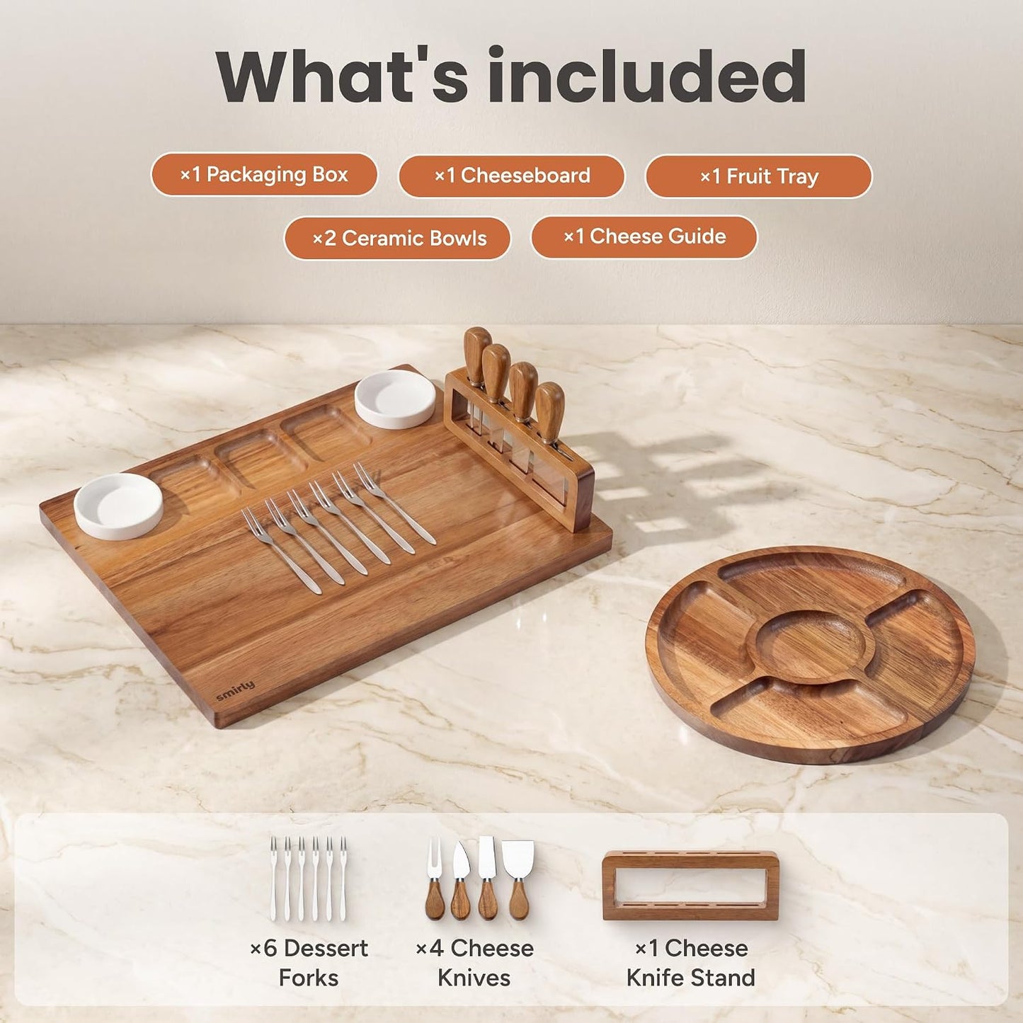 SMIRLY Charcuterie Large Bamboo Cheese Board Set for Serving - House Warming Gifts for New Home, Wedding, Bridal Shower & Birthday, for Women