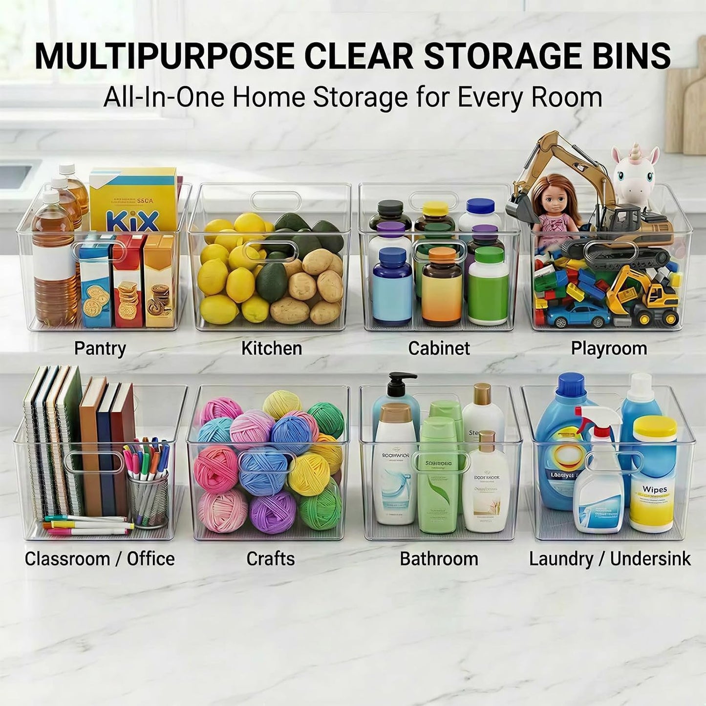 MOONEDGE 4-Pack 10x10x6 Clear Plastic Cube Storage Bins with Handles | Acrylic hard square organizer containers for closet,pantry,fridge,kitchen,bathroom,laundry,under-sink,cabinet organization