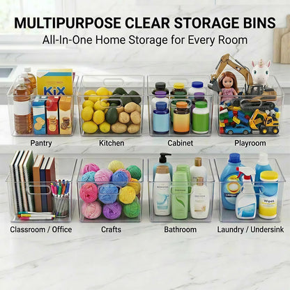 MOONEDGE 4-Pack 10x10x6 Clear Plastic Cube Storage Bins with Handles | Acrylic hard square organizer containers for closet,pantry,fridge,kitchen,bathroom,laundry,under-sink,cabinet organization