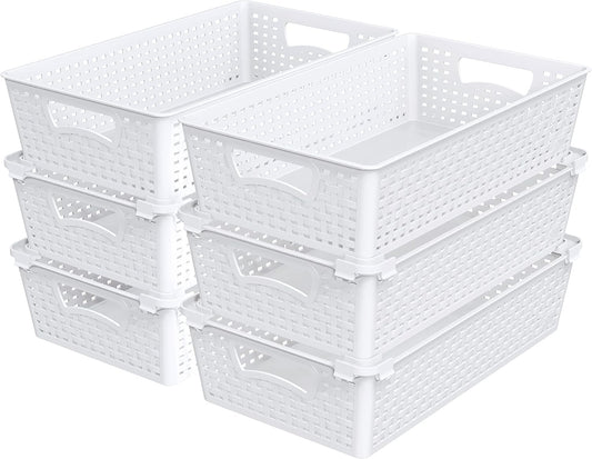 Simple Houseware Stackable Plastic Woven Basket Organizer, 6 Pack, White | 14.5" D x 8.5" W x 3.5" H