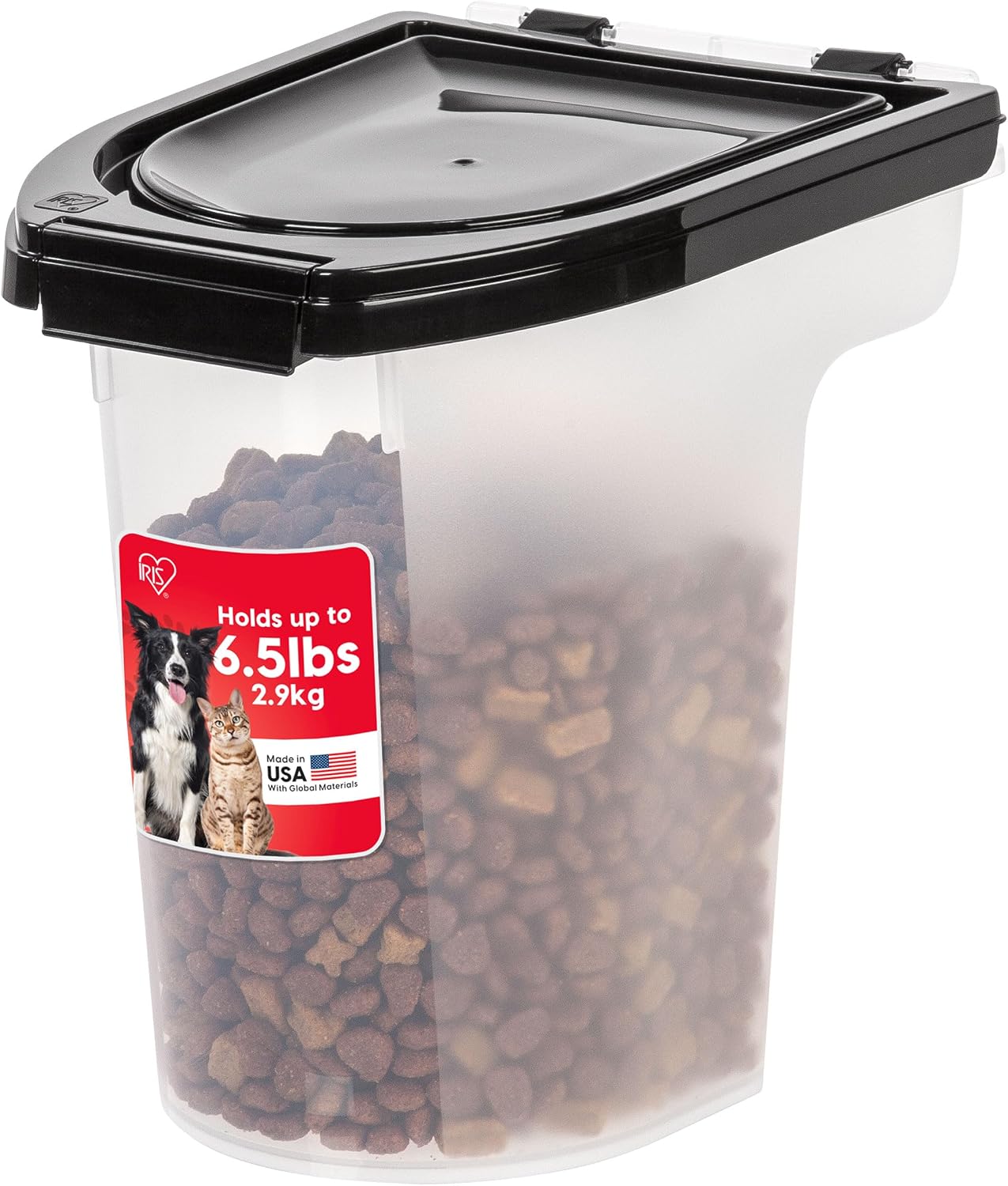 IRIS USA WeatherPro Airtight Pet Food Storage Container, Up to 6.5 lbs, Treat Box for Dog Cat and Bird Food, Keep Fresh, Translucent Body, Easy Clean Up, BPA free, Clear/Black