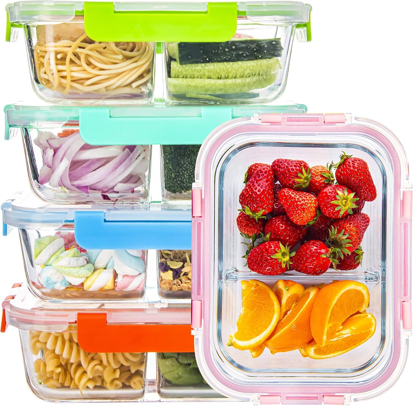 5 Pack Glass Meal Prep Containers 3 Compartment with Lids, Divided Glass Storage Containers with Silicone Sleeve for Lunch, Leak-Proof Portion Control Food Containers, Dishwasher Safe, 34 oz