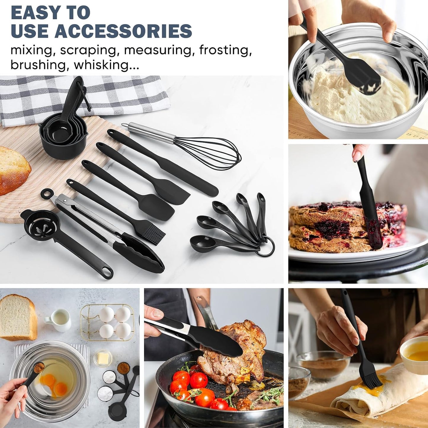 E-far 25PCS Mixing Bowls with Lid Set, Stainless Steel Nesting Prep Bowls with Grater Attachments Non-Slip Bottoms for Cooking, Serving, Food Storage, 4.6/2.6/2/1.5/1/0.7QT - Khaki