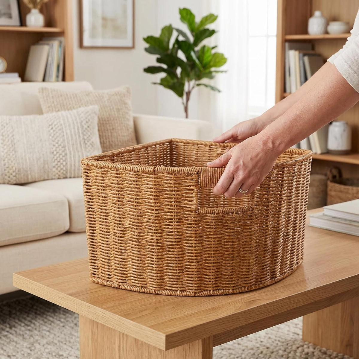 Woven Triangle Corner Storage Basket with Handles Shelf Laundry Basket | Plastic Rattan-Style Basket Fits Shelf Corners, Cabinets, Counters or Bathrooms for Towels, Laundry, Toys and Pantry Items