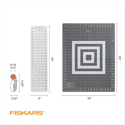 Fiskars 3-Piece Fabric Cutting Set, Rotary Cutter, Cutting Mat & Ruler