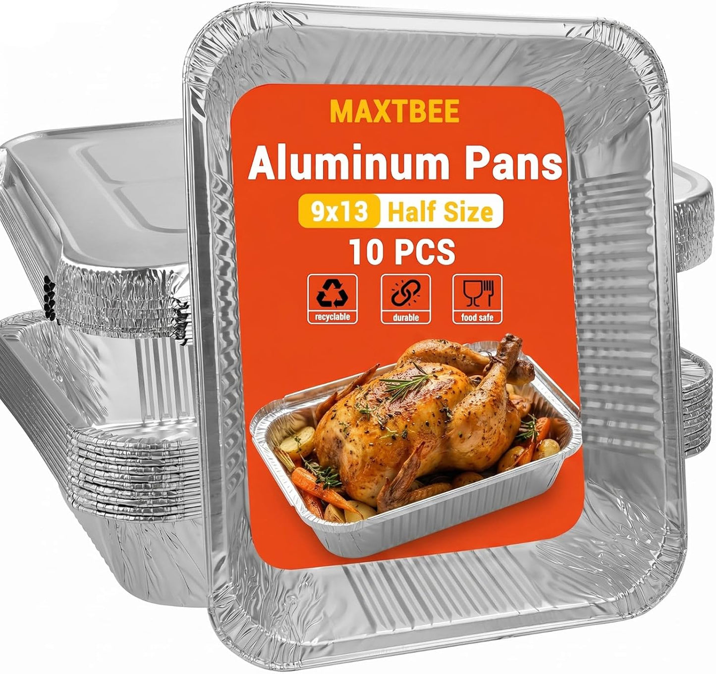 9x13 Aluminum Foil Pans with Lid, 10 Pack Disposable Trays Half Size Heavy Duty Tin Pans Deep Food Containers For Cooking, Meal Prep, Baking, Roasting, Chafing, Heating or Steam Table