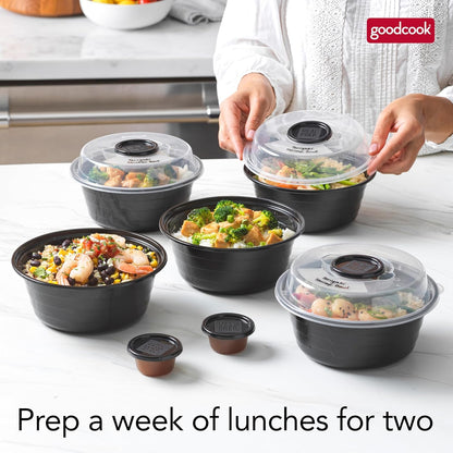 GoodCook Meal Prep Containers Set Microwave & Dishwasher-Safe Round Food Organizers with Labeled Compartments BPA-Free Food Storage Set with Snap Shut Lids Portion Control, 10-Pieces, Red