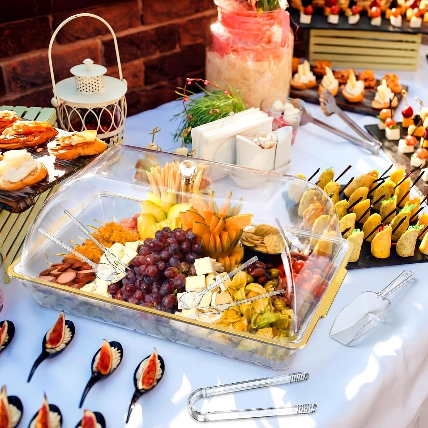 Baderke 16" x 9" Chilled Serving Tray for Parties with lids Compartments Ice Chilled Party Platter Charcuterie Serving Board Cold Dish Dip with Tongs for Fruit Seafood Vegetable (Dark Wood)