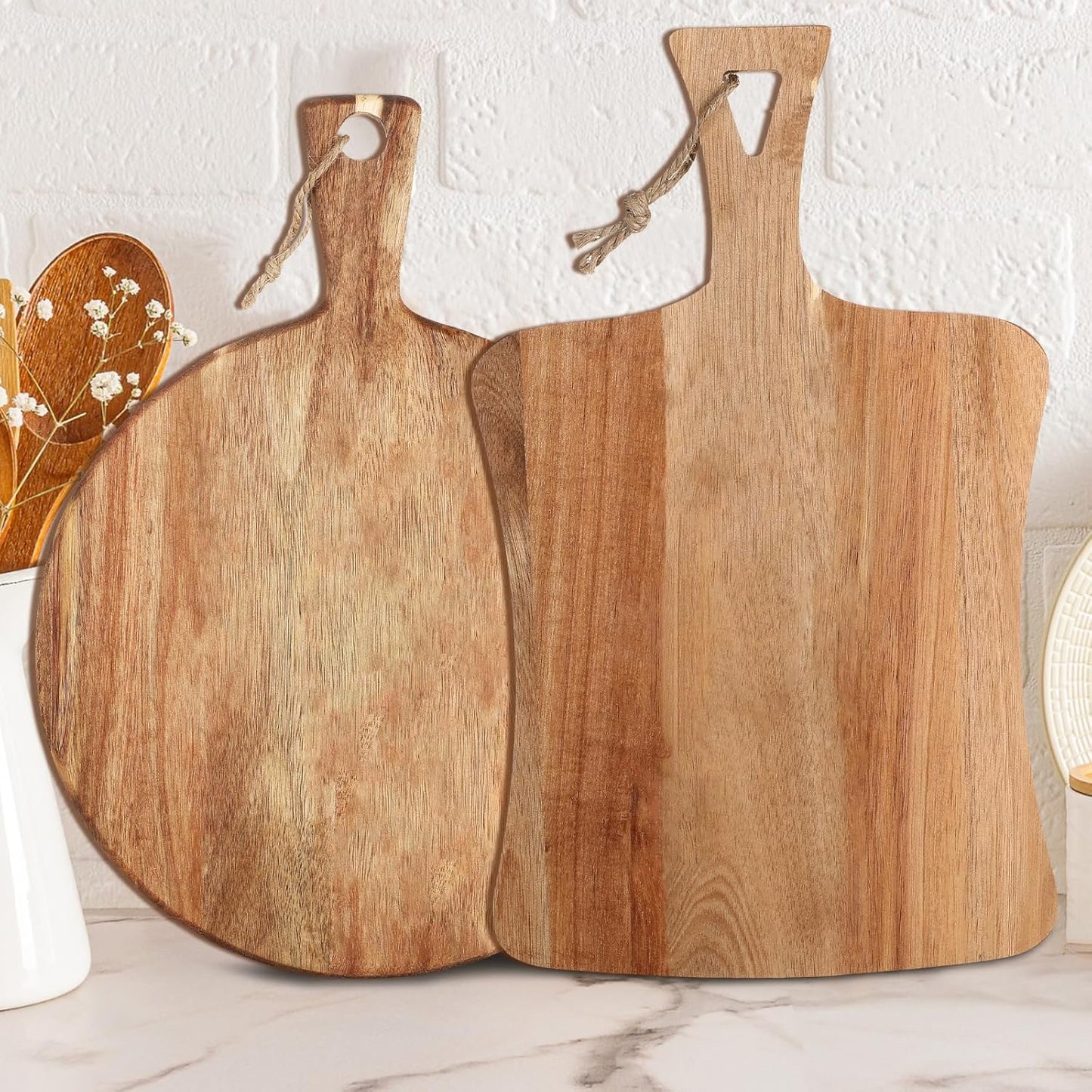 Hsei 2 Pcs Acacia Wood Cutting Board with Handle Wooden Charcuterie Board Large Paddle Carving Chopping Set Butter Serving Tray for Cheese Meat Fruit Pizza Bread(Vintage Style, 16x12, 17x13 Inch)
