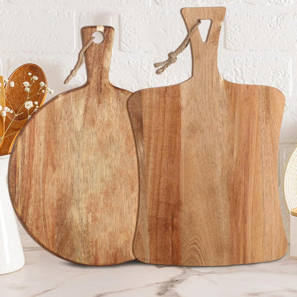 Hsei 2 Pcs Acacia Wood Cutting Board with Handle Wooden Charcuterie Board Large Paddle Carving Chopping Set Butter Serving Tray for Cheese Meat Fruit Pizza Bread(Vintage Style, 16x12, 17x13 Inch)