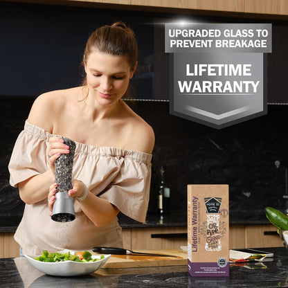 Home EC Premium Stainless Steel Sea Salt and Pepper Grinder Set of 2 - Adjustable Ceramic - Tall Glass Salt and Pepper Shakers - Kitchen Spice Mill W/Funnel & EBook