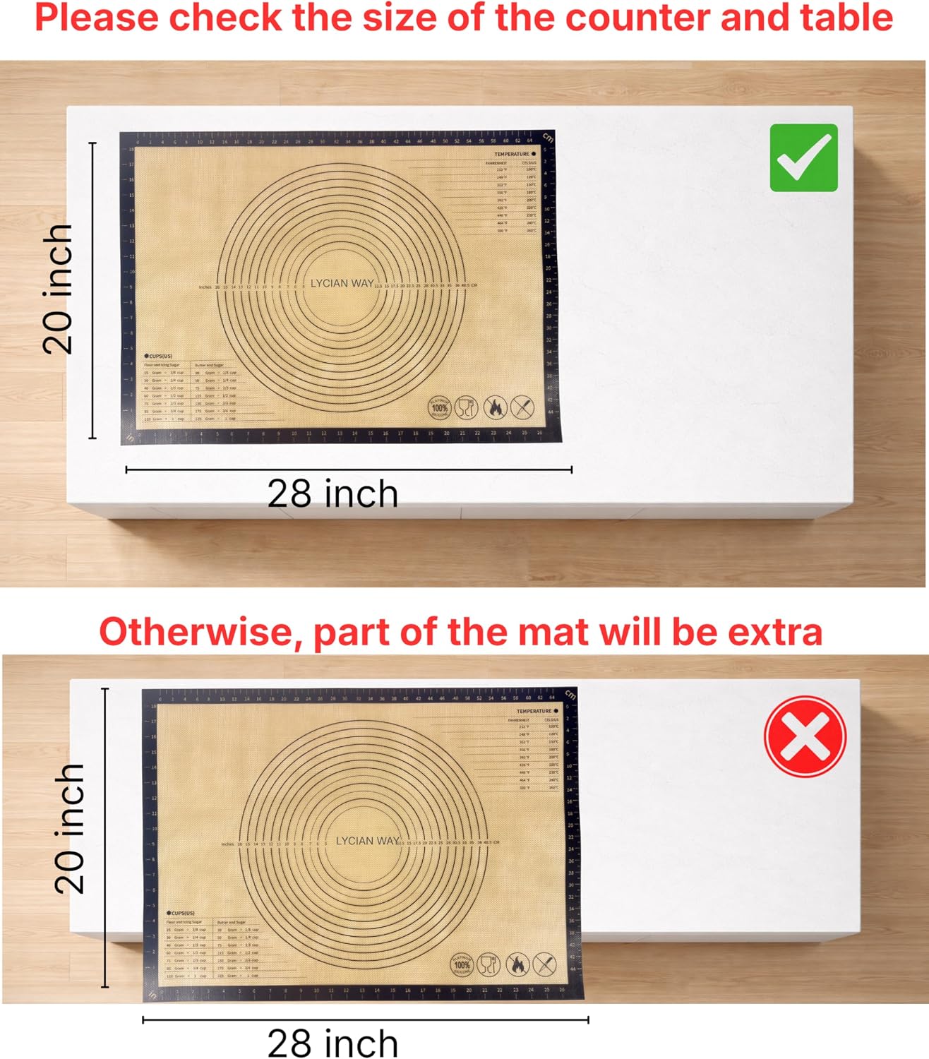 Silicone Pastry Mat with Measurements, 28 x 20 Inch Extra Thick Non-Slip Nonstick XL Baking Mat for Dough Rolling, Kneading, Fondant and Pie, Red