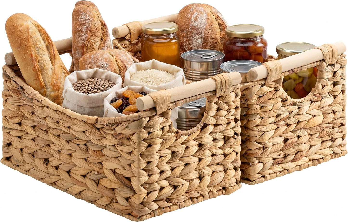 StorageWorks Wicker Baskets for Organizing, Water Hyacinth Storage Baskets with Handles, Woven Baskets for Pantry Storage, 13" x 8¼" x 7", 2-Pack