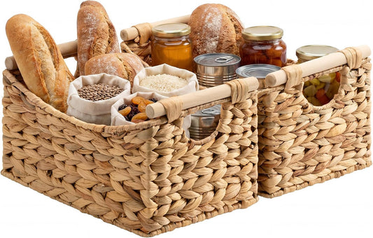 StorageWorks Wicker Baskets for Organizing, Water Hyacinth Storage Baskets with Handles, Woven Baskets for Pantry Storage, 13" x 8¼" x 7", 2-Pack
