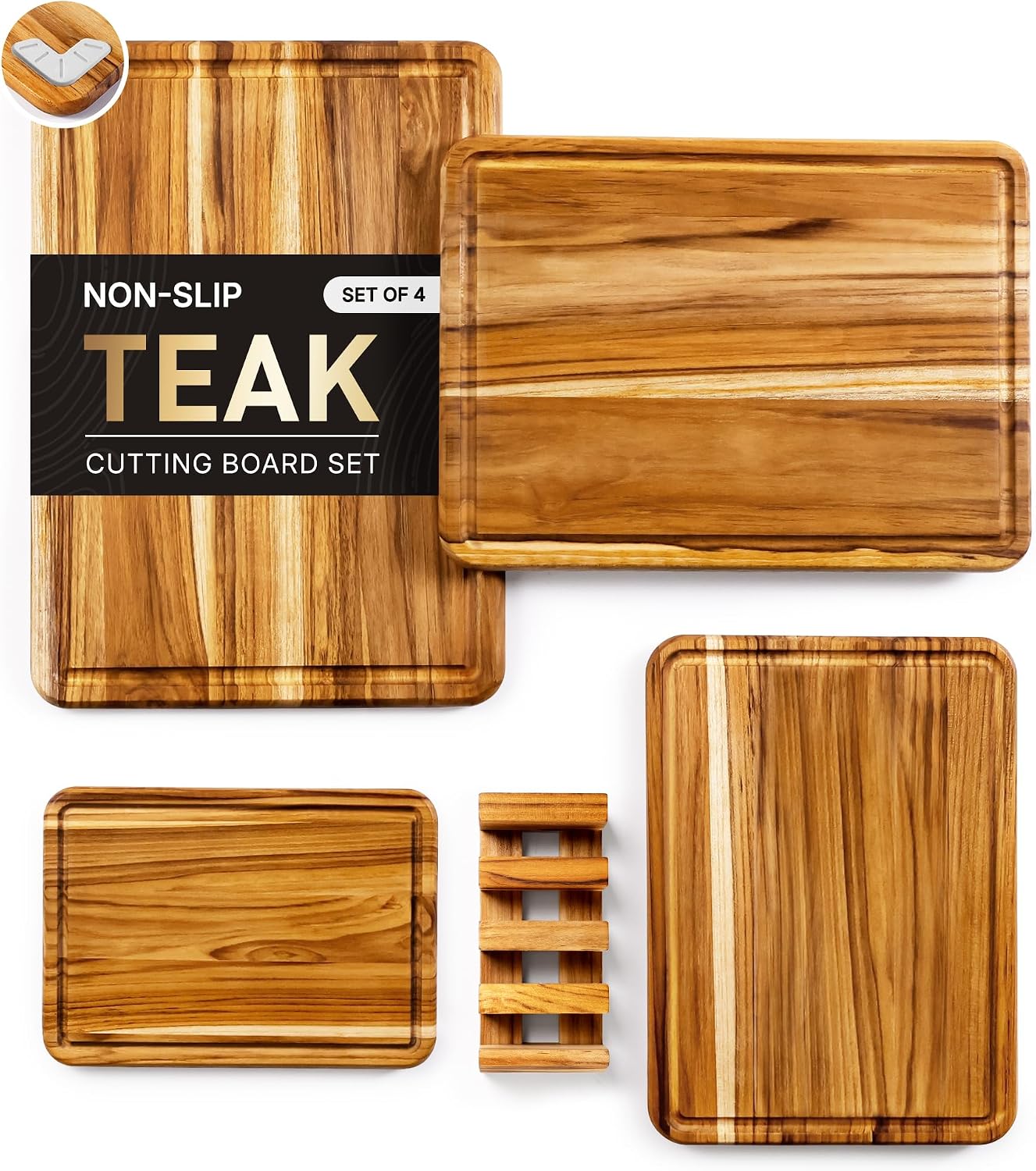 4 Pack Teak Cutting Board Set for Kitchen Heavy Duty Non Toxic Non Slip Solid Thick Wood Haus Chopping Board Extra Large Big Small Meat Best Wooden Charcuterie Board