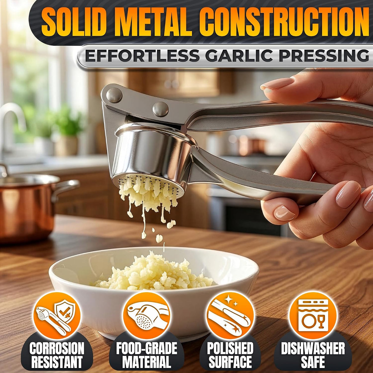Metal Garlic Press with Comfortable Ergonomic Handle, Silver