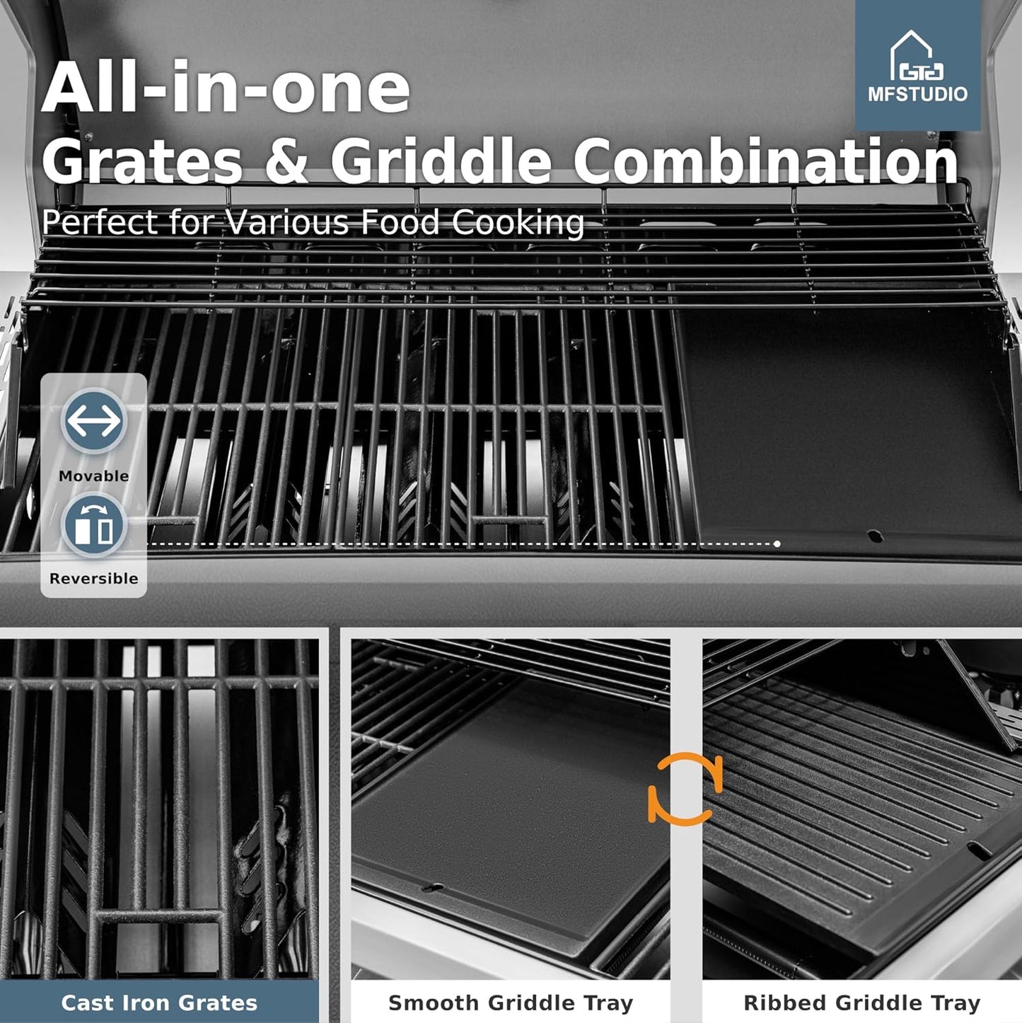 MFSTUDIO 5 Burner Gas Grill Griddle Combo with Porcelain-Enameled Cast Iron Grates,Cutting Board and Double Lids, Duel-Function Propane BBQ Grills with Flat Top Grddle for Outdoor Barbecue Cooking