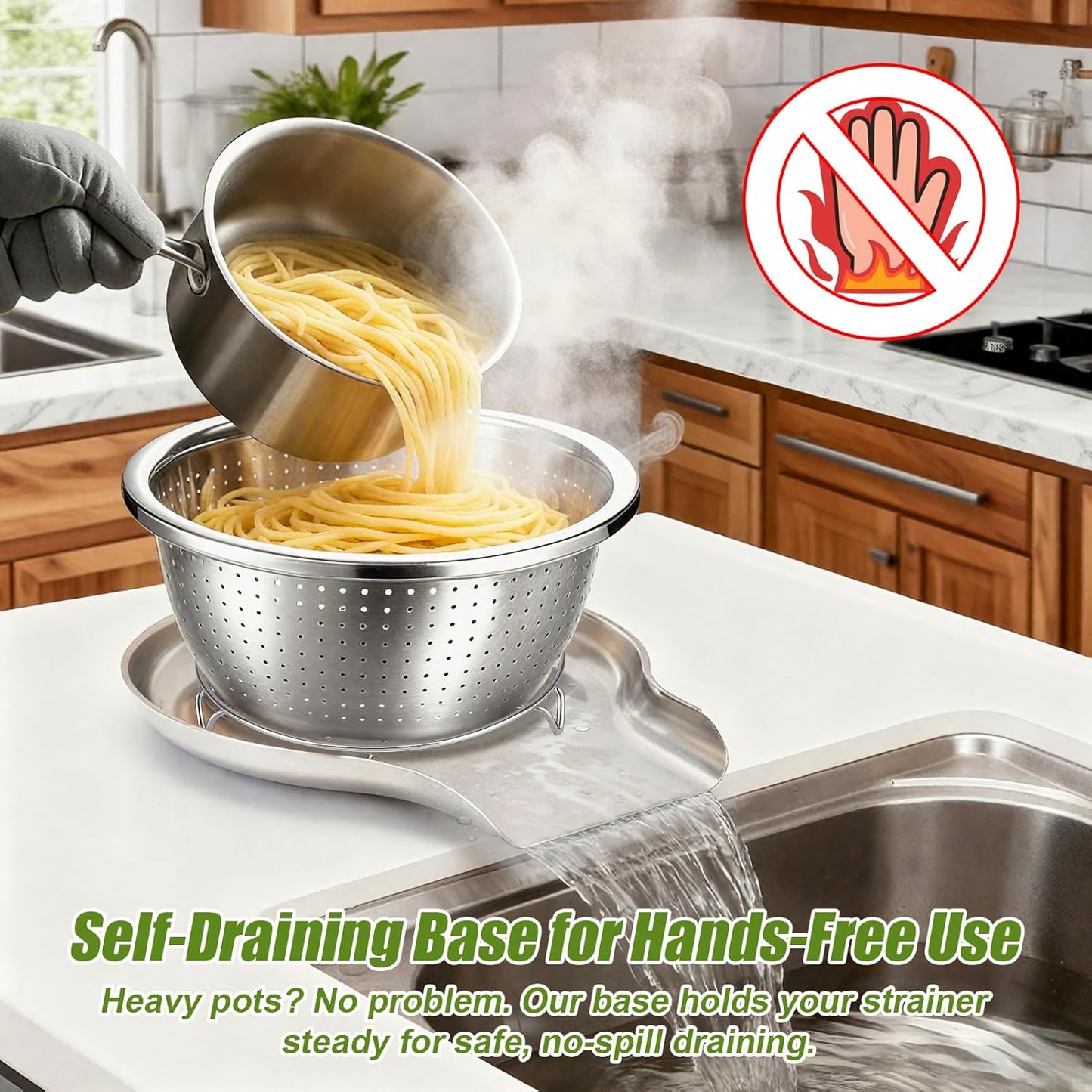 Palksky Stainless Steel Colander Set with Self-Draining Base, 3 Sizes Colanders & Food Strainers for Pasta, Rice, Fruits & Veggies, Metal Colander with Draining Plate for Sink or Countertop