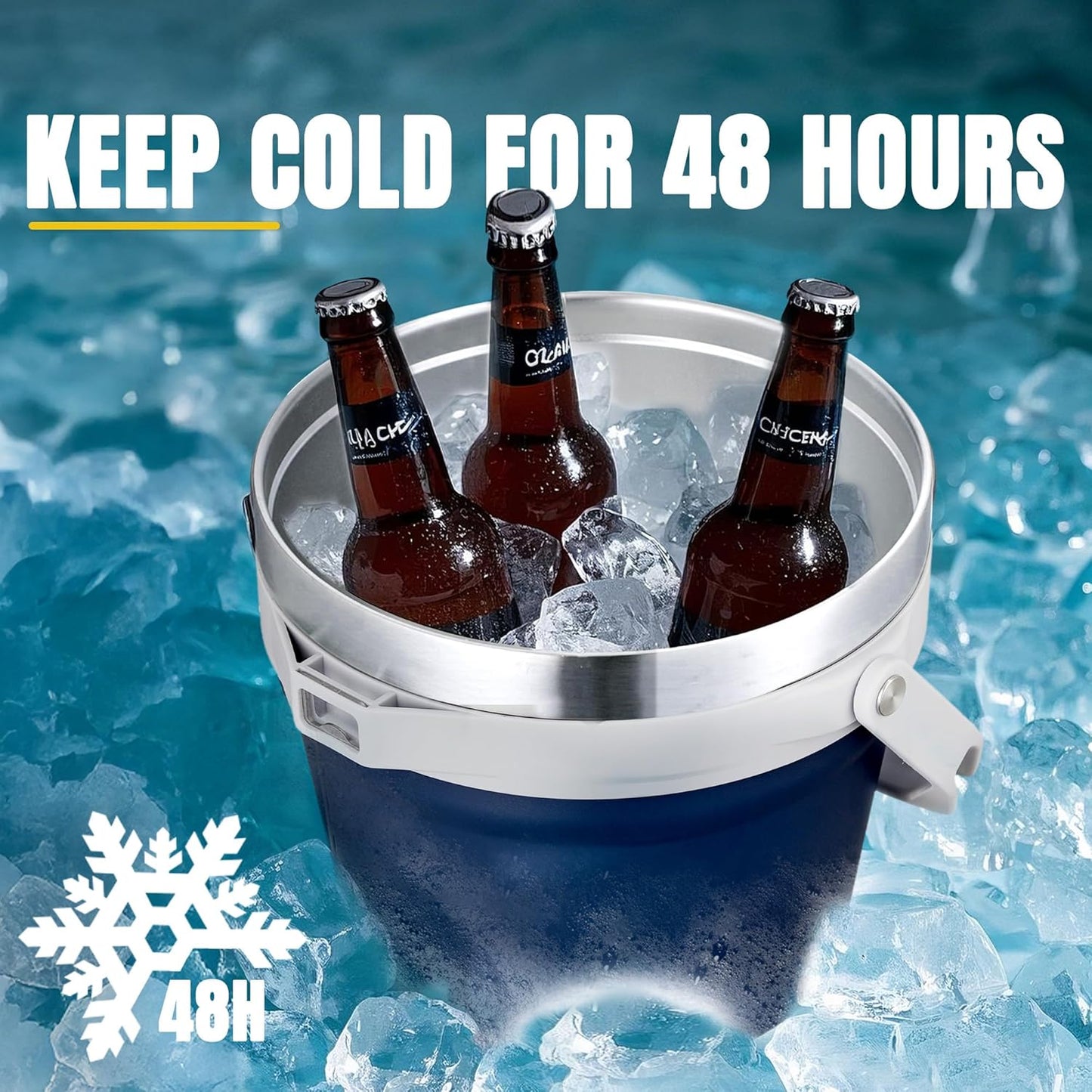 COKTIK 7L Vacuum Insulated Ice Bucket with Lid and Scoop& Tongs，Large capacity Stainless Steel Beverage Bucket for Cocktail, Champagne, Wine, Beer，Large Parties（Milk White Suit）