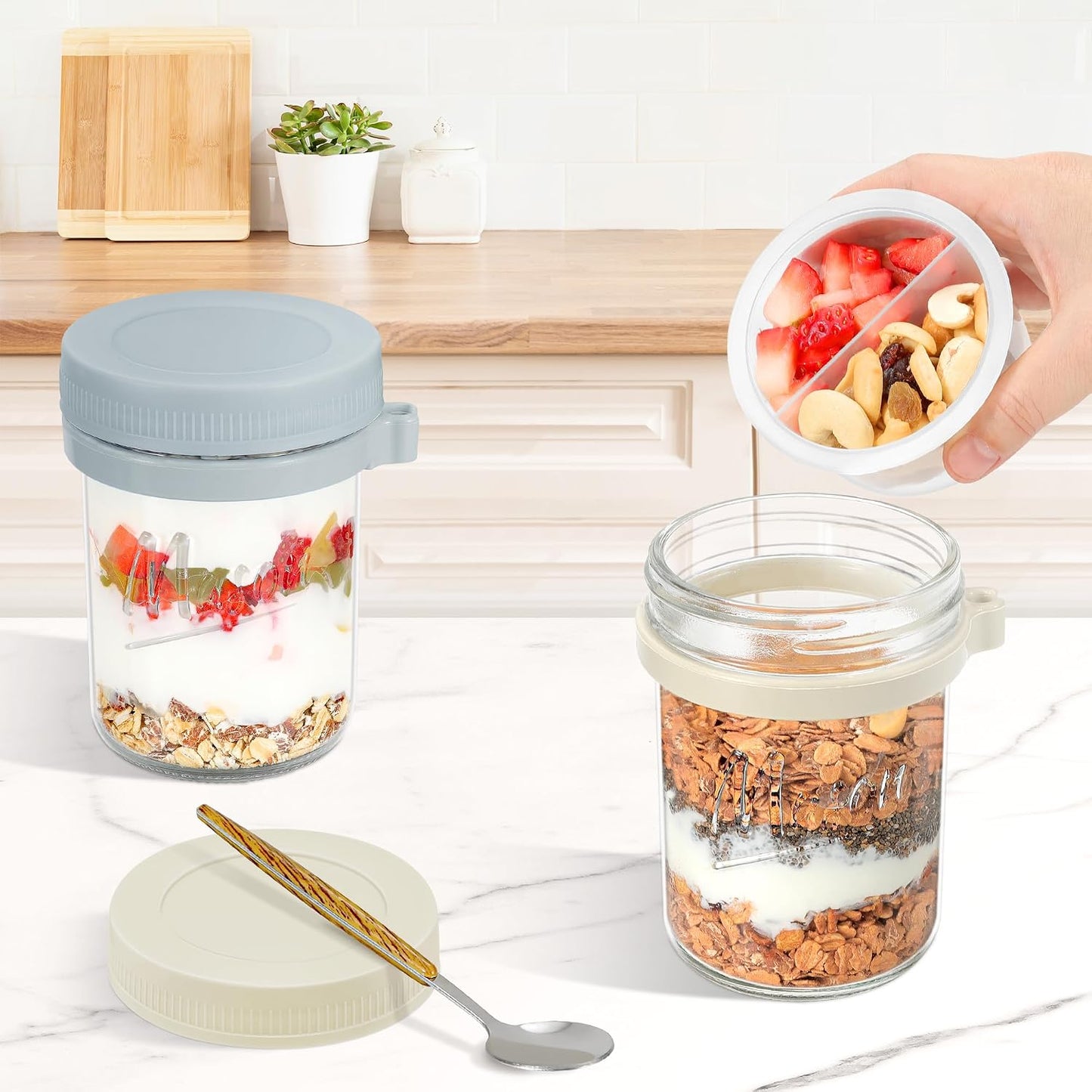 Xyptorix 6 Pack Overnight Oats Containers with Lids and Spoons, 16 oz Mason Jars with Removable Separate Compartments, Airtight and Leak-Proof Glass Jars for Chia Pudding, Yogurt, and Oatmeal