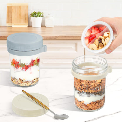 Xyptorix 6 Pack Overnight Oats Containers with Lids and Spoons, 16 oz Mason Jars with Removable Separate Compartments, Airtight and Leak-Proof Glass Jars for Chia Pudding, Yogurt, and Oatmeal
