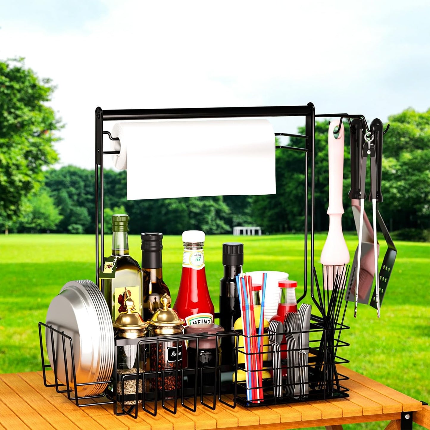 Grill Caddy, BBQ Caddy with Paper Towel Holder for Plate Cutlery, Flatware Caddy Picnic Condiment Caddy with 4 Hooks, Grill Utensil Caddy for Outdoor Barbecue Accessories Organizer