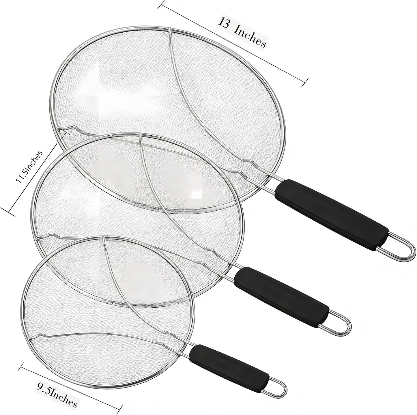 Premium Stainless Steel Grease Splatter Screen for Frying Pans & Cooking Pots, Fine Mesh Oil Splatter Guard with Comfort Grip Handles, 3 Size Set (9.5/11.5/13 Inches) (9.5/11.5inches)