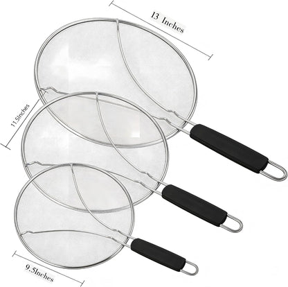 Premium Stainless Steel Grease Splatter Screen for Frying Pans & Cooking Pots, Fine Mesh Oil Splatter Guard with Comfort Grip Handles, 3 Size Set (9.5/11.5/13 Inches) (9.5/11.5inches)