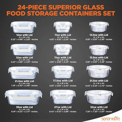 NutriChef 24pcs Glass Food Storage Containers, (12 Stackable Heavy Duty Meal Prep Containers w/ 12 Airtight Lids), Microwave, Freezer, & Dishwasher Safe for Food, Snacks, Fruit & More, (Gray)