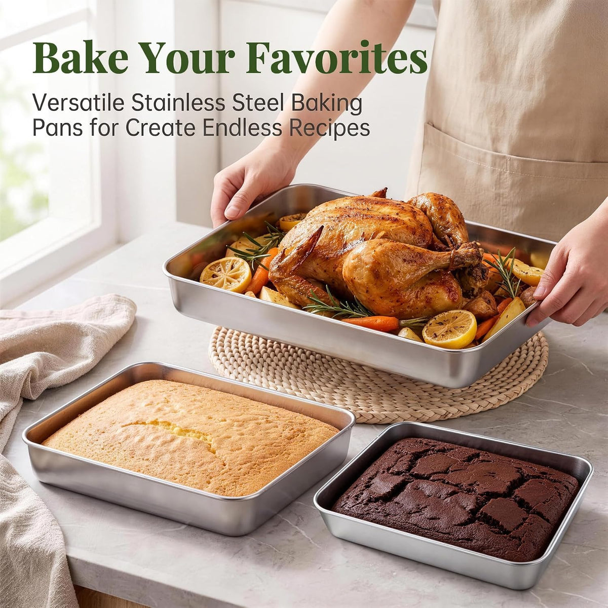 TeamFar Lasagna Pan, 16" x12.13" x2" Stainless Steel Rectangular Cake Pan
