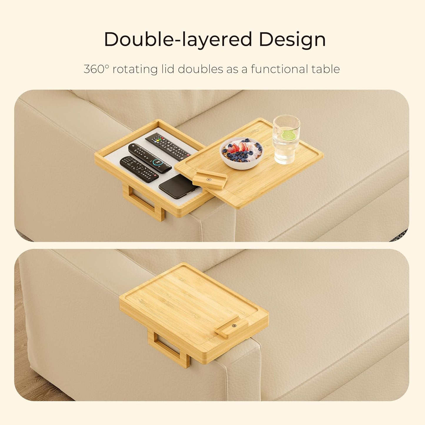 Wealone Black Couch Arm Tray for Wide Couch, Bamboo Sofa Arm Clip Table with Storage Box, Couch Armrest Tray with 360°Rotating Phone Holder, Sofa Arm Table Clip for Eating, Drinks or Dining