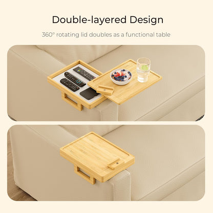 Wealone Black Couch Arm Tray for Wide Couch, Bamboo Sofa Arm Clip Table with Storage Box, Couch Armrest Tray with 360°Rotating Phone Holder, Sofa Arm Table Clip for Eating, Drinks or Dining
