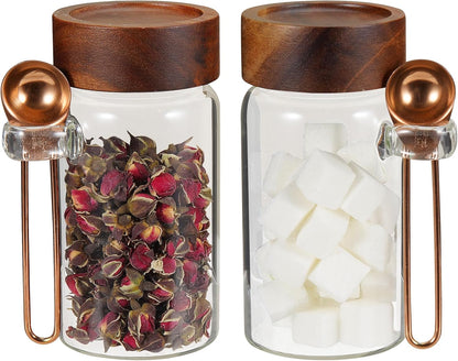 6 pc Glass Spice jars Glass Jars with Screw Lid 5 oz Acacia Wood Glass Herb Sugar Coffee Bean Ground Container Food Storage Canister for Candy Pantry Tea Seasoning Meal Prep Snack (6*150ml(5oz))