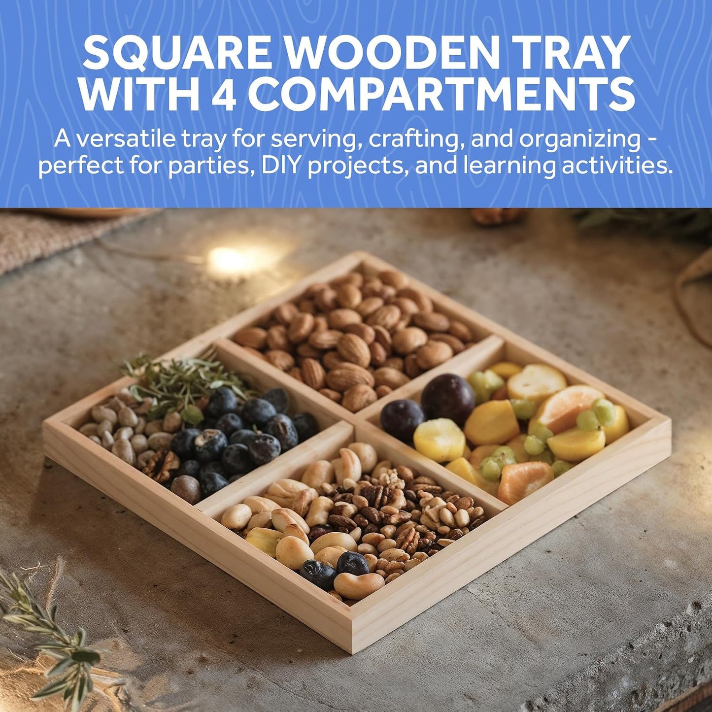 DIY Rectangle Wooden Divided Serving Tray 12 x 8-inch, Pack of 1 6-Section Candy Tray for Vegetable & Fruit Party Platters, by Woodpeckers