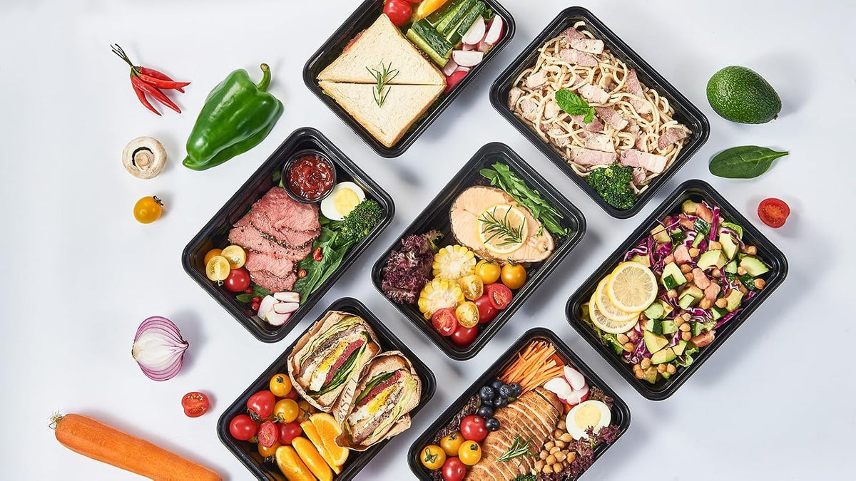 FULING 32 oz 50 ct Round Meal Prep Containers with Lids Plastic Food Storage Lunch Plan To Go Box Disposable Take Out Bowls Black BPA Free Reusable Durable Stackable Microwave Freezer Dishwasher Safe