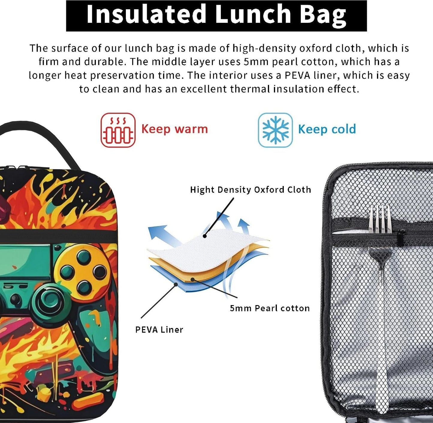 Dinosaur Volcano Insulated Lunch Bag for Women & Men, Reusable Leak-Proof Lunch Box with Cooler Compartment, Lunch Tote for Adults Work Travel Picnic Durable & Washable