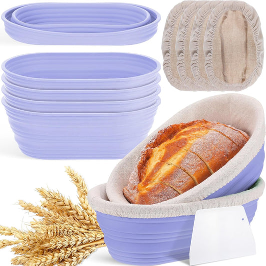 Nuogo 4 Pack Oval Bread Proofing Basket Silicone 10 Inch Collapsible,Purple