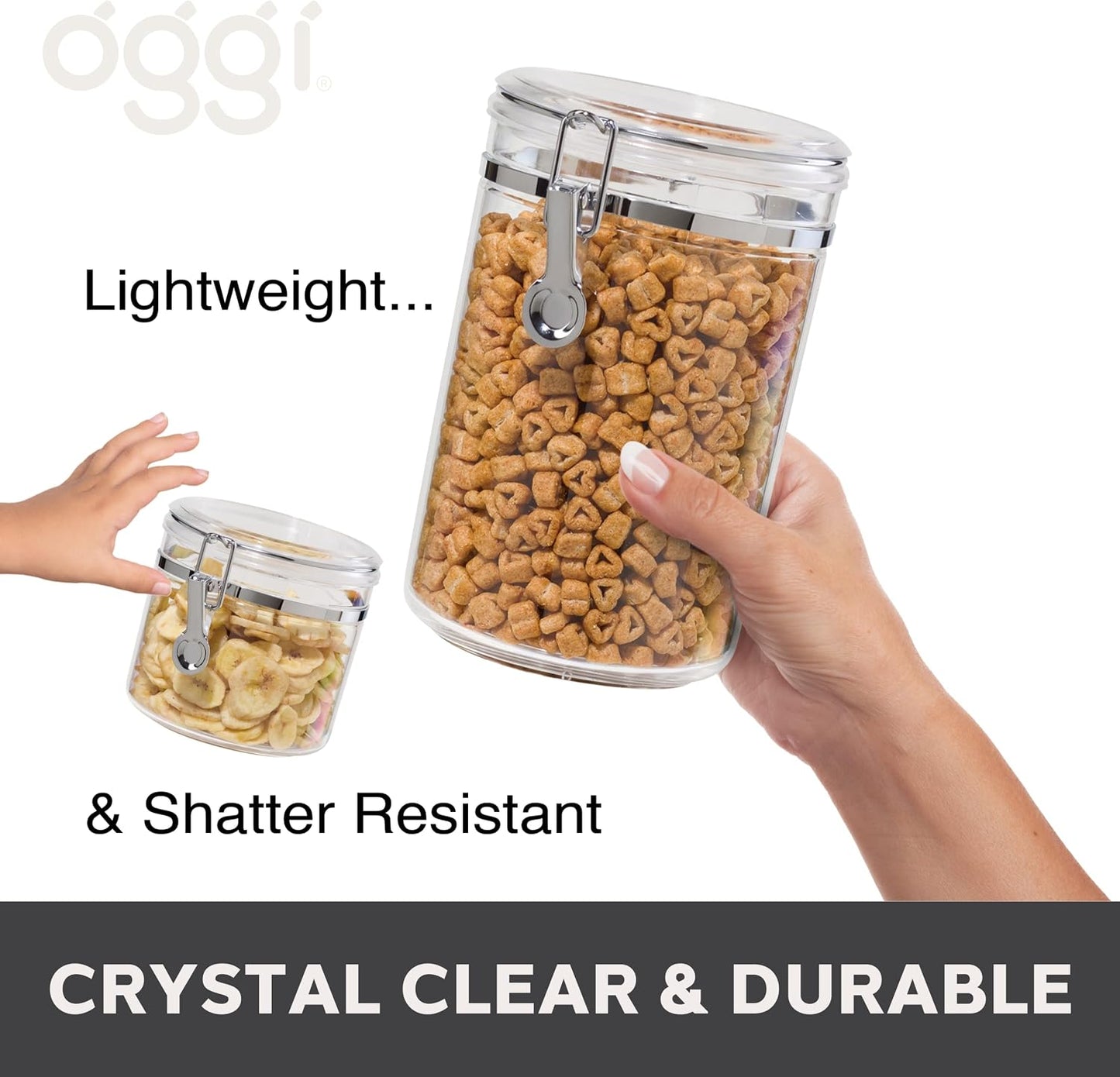 Oggi 4pc Clear Canister Set with Clamp Lids & Spoons - Airtight Food Storage Containers, Ideal for Kitchen & Pantry Storage of Bulk, Dry Food Including Flour, Sugar, Coffee, Rice, Tea, Spices & Herbs