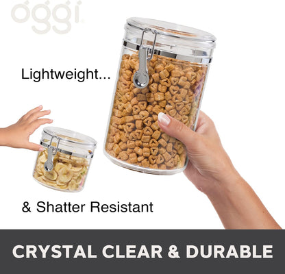 Oggi 4pc Clear Canister Set with Clamp Lids & Spoons - Airtight Food Storage Containers, Ideal for Kitchen & Pantry Storage of Bulk, Dry Food Including Flour, Sugar, Coffee, Rice, Tea, Spices & Herbs