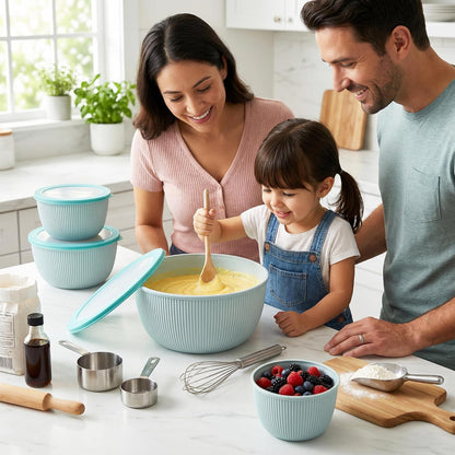 BoxedHome Plastic Mixing Bowls with Lids Set,4.97QT Large Capacity Deep Nesting Bowl,8 Pieces Set BPA-Free Prep Bowls,Dishwasher & Microwave Safe,Beige