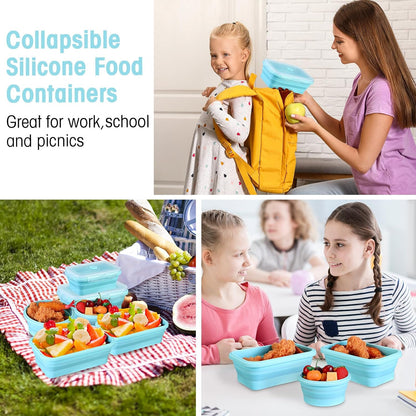 Yaomiao 16 Pack Collapsible Food Storage Containers with Lid Foldable 8 Pcs Rectangle Storage Bowl and 8 Pcs Round Silicone Food Bow for Lunch Rv Accessories Microwave Freezer Safe(Gray, Blue)