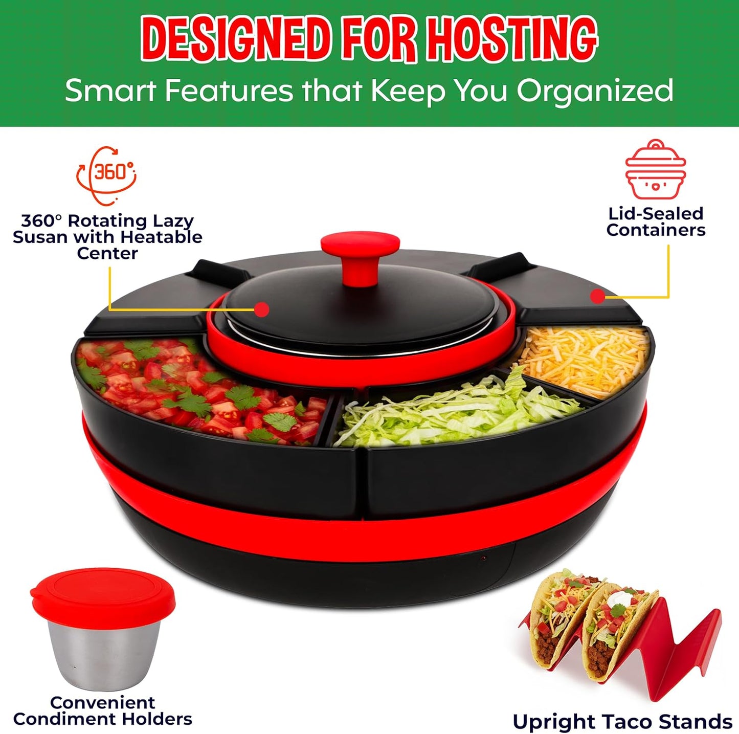 KEFF Taco Tuesday Kit - Taco Bar Serving Set for a Party, Lazy Susan Serving Dish 6 Sections, 4 Tacos Holder, Condiment Containers, Squeeze Bottles, Tongs, Recipes & Instructions - Tailgate Essentials