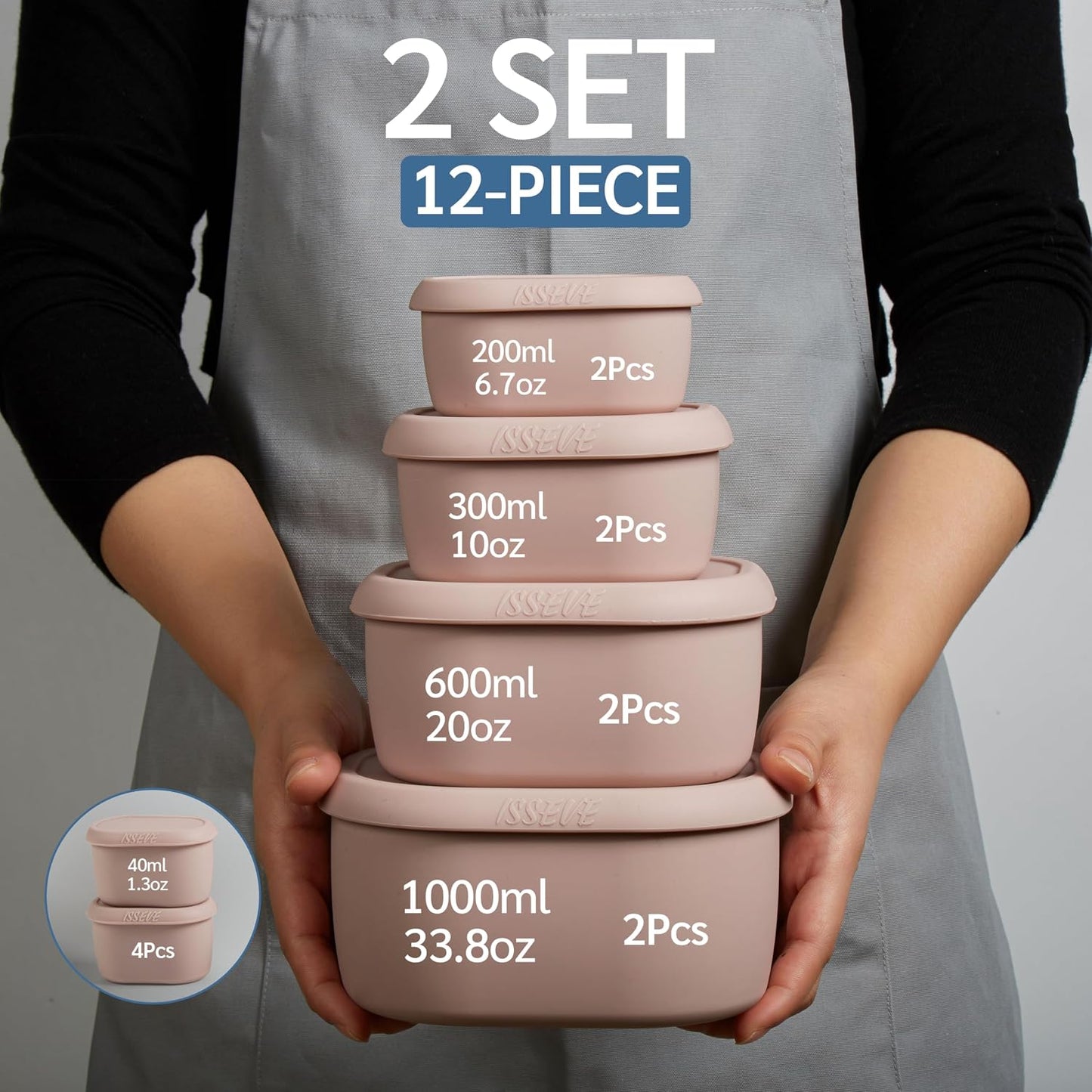 ISSEVE 12Pcs/Set Nesting Silicone Food Storage Containers with Lids, BPA Free Reusable Meal Prep Silicone Containers Airtight, Freezer Dishwasher Safe (33.8oz, 20oz, 10oz, 6.7oz, 1.3oz) (Beige)