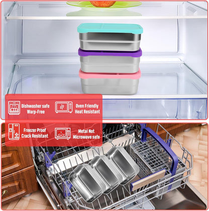 Stainless Steel Snack Containers with Lids 3 Pack, Reusable 4 Compartments Snack Containers Leak-Resistant Storage with 3 Spoons & 3 Forks, Divided Food Storage for Adults, Travel, Home & Office