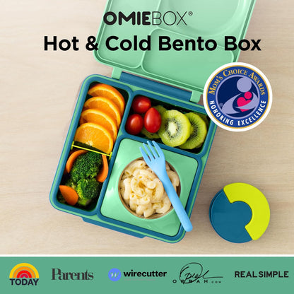 OmieBox Bento Box for Kids - Insulated Bento Lunch Box with Leak Proof Vacuum Insulated Food Jar - 3 Compartments, Two Temperature Zones (Blue Sky)