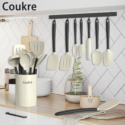 Coukre Silicone Kitchen Cooking Utensils Set, Heat Resistant, 14-Piece | Dishwasher-Safe, Food-Grade Silicone, BPA-Free, Spatulas, Spoons & Turner, Safe for Nonstick Cookware, Pure Black